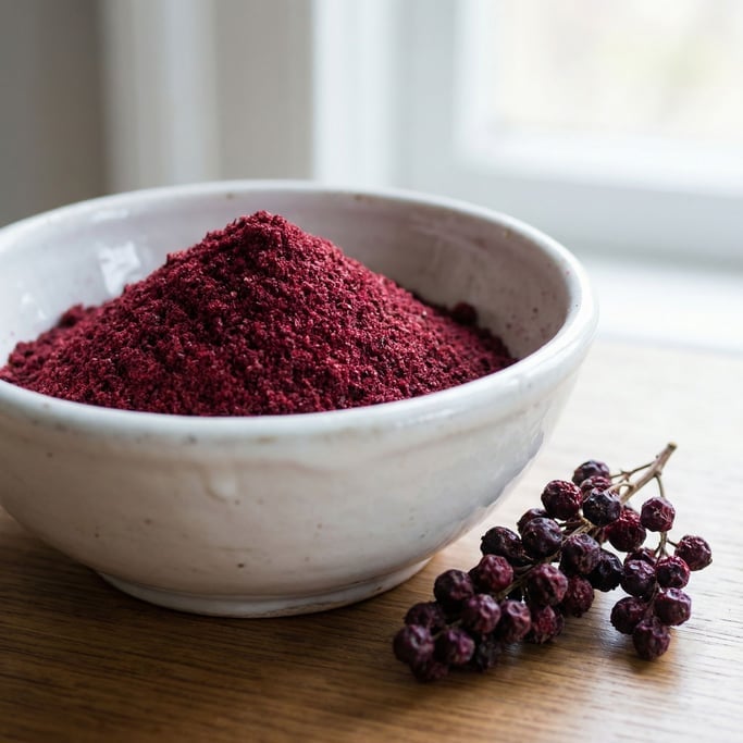 Sumac ground into a deep crimson powder in a small ceramic bowl