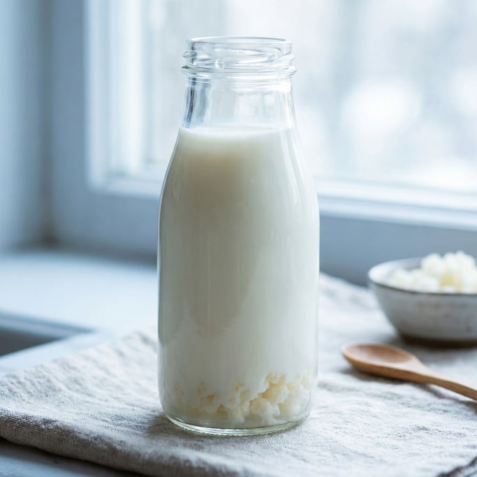 Kefir in a glass bottle, the fermented milk drink cloudy and thick