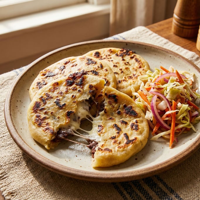 Pupusas on a plate — the thick Salvadoran corn cakes golden and slightly charred