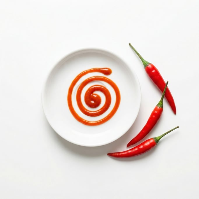 Sriracha sauce squeezed onto a small white plate in a spiral pattern