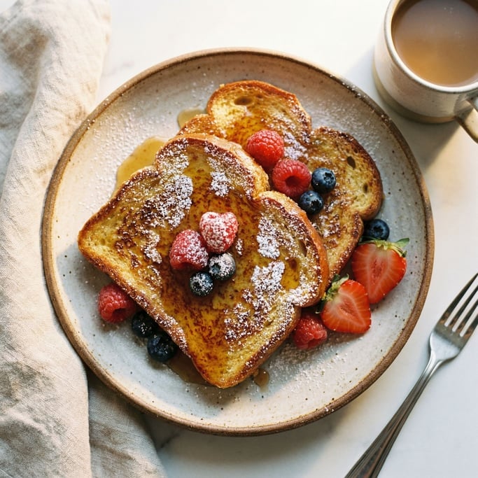 French toast slices on a plate, the thick-cut brioche soaked in custard and pan-fried golden