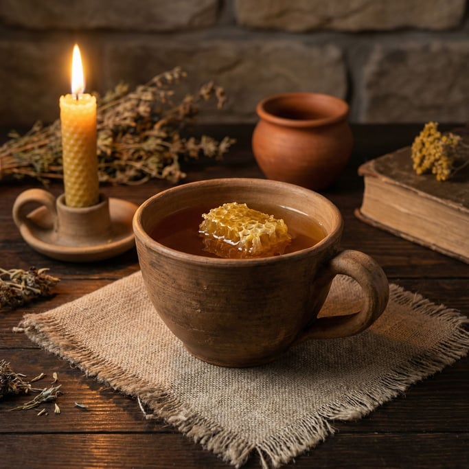 Mead in a rustic ceramic cup, the honey wine a deep golden-amber