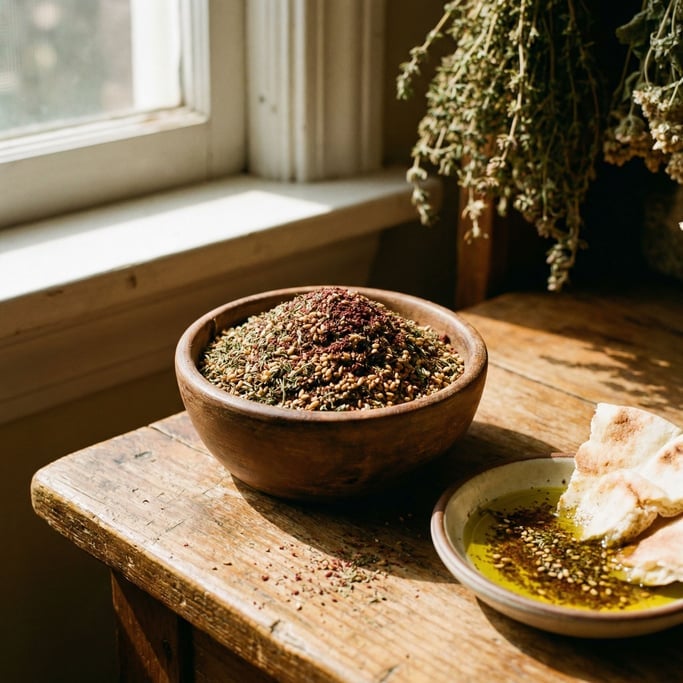 Za\u0027atar spice blend in a small wooden bowl — the mixture of dried thyme, sumac