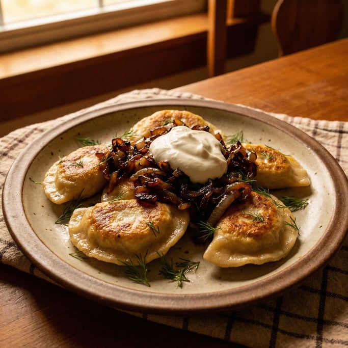 Pierogi on a plate — the Polish dumplings pan-fried golden on their flat sides