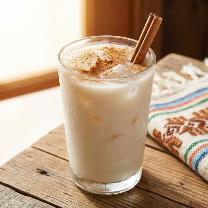 Horchata in a glass — the Mexican rice milk drink opaque and creamy white with a dusting of cinnamon