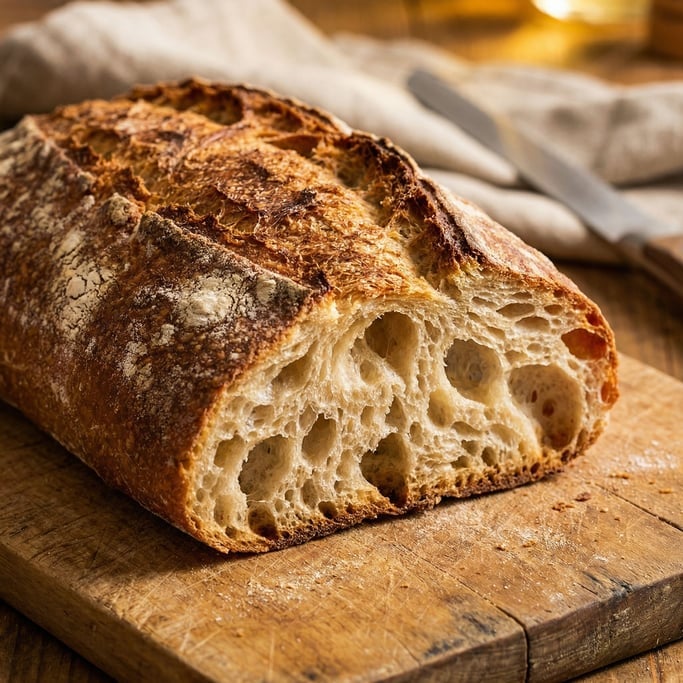 Ciabatta loaf on a wooden board