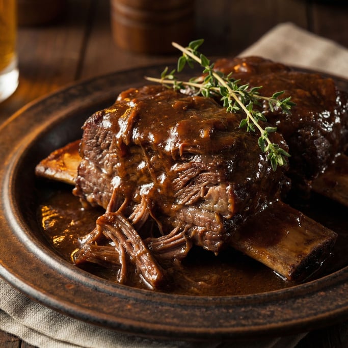 Braised short ribs on a plate, the beef falling apart in dark mahogany strands