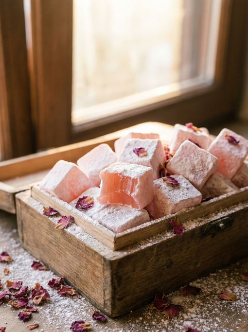 Tall vertical shot of a Turkish delight box — rose-flavored lokum dusted in powdered sugar