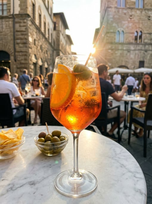A tall glass of Aperol Spritz with ice, the vibrant orange drink fizzing with prosecco bubbles