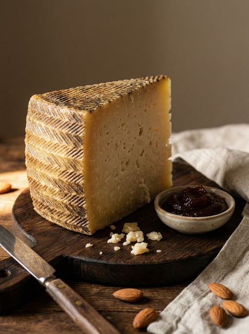 Vertical composition of a Manchego cheese wedge on a dark board