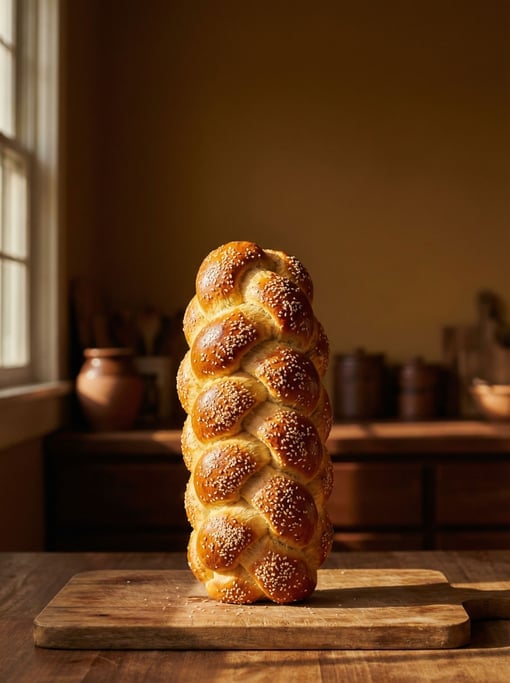A tall challah bread loaf freshly braided and baked