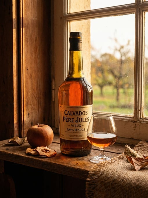 A tall bottle of calvados apple brandy on a rustic wooden shelf