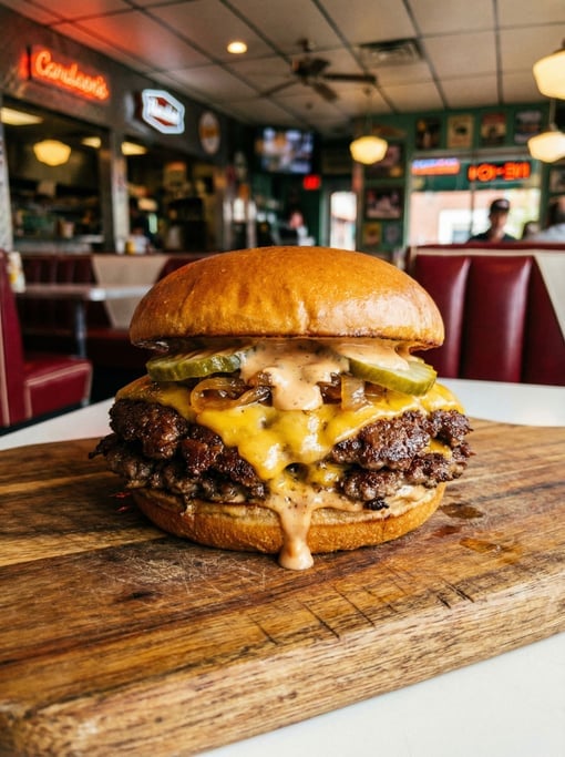 Vertical frame of a burger on a wooden board — brioche bun