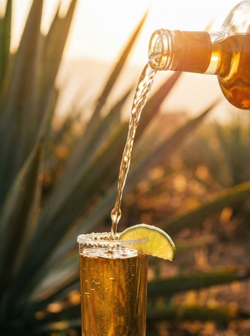 A tall pour of tequila reposado into a caballito glass, the golden liquid mid-stream