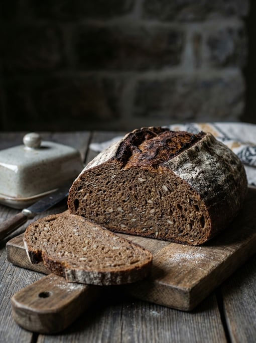 Vertical composition of a rye bread loaf sliced on a dark board
