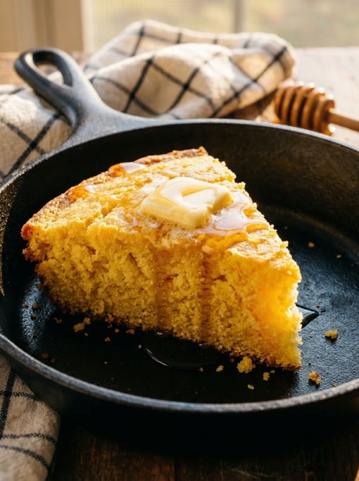 Tall shot of a cornbread wedge in a cast-iron skillet, the golden crumb moist and crumbly