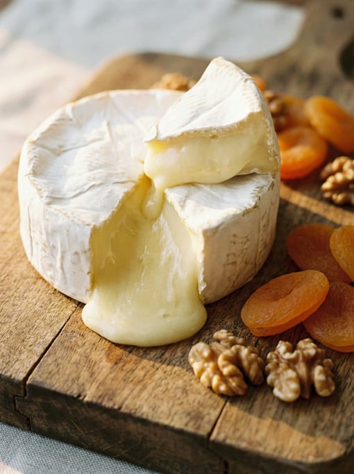 Vertical composition of a Brie wheel on a wooden board
