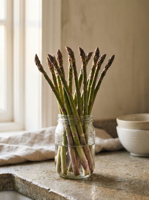 Tall composition of asparagus spears standing upright in a glass jar of water like flowers