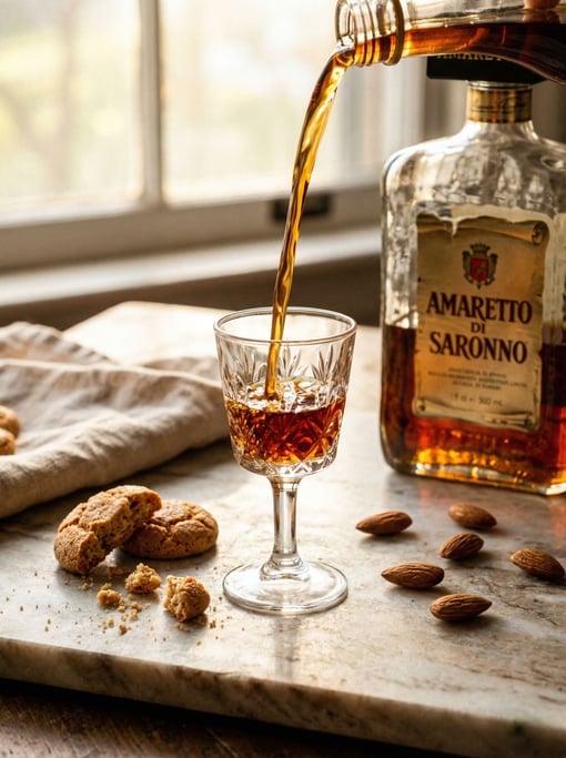 A vertical pour of amaretto into a small glass, the almond liqueur a deep golden-brown