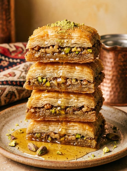 Tall portrait of a baklava stack — five pieces layered showing the cross-section of phyllo, nuts