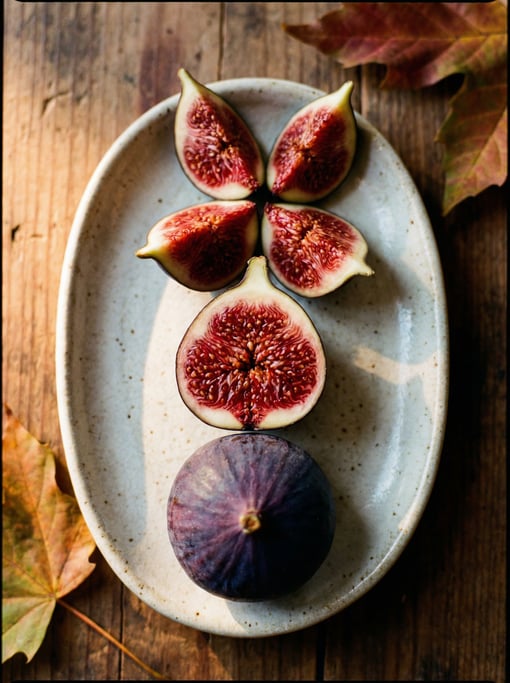 Vertical shot of figs — three ripe Black Mission figs, one whole showing its dark purple skin