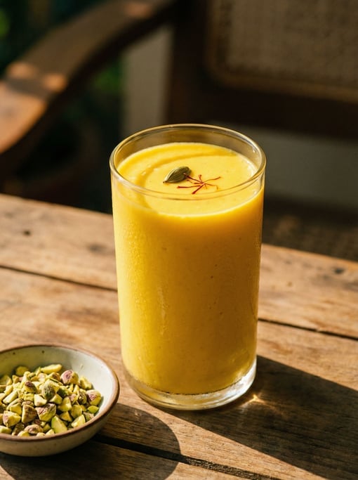 A tall glass of mango lassi — the thick yogurt drink bright saffron-yellow with a cardamom pod float