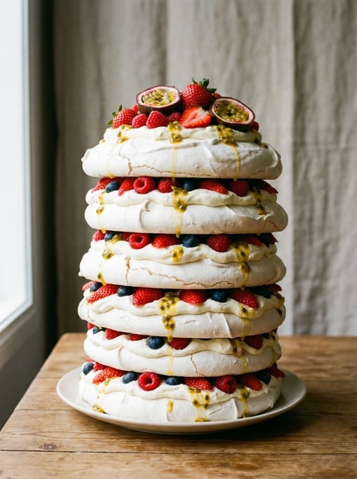 Vertical frame of a pavlova tower — meringue layers stacked with whipped cream and fresh berries bet