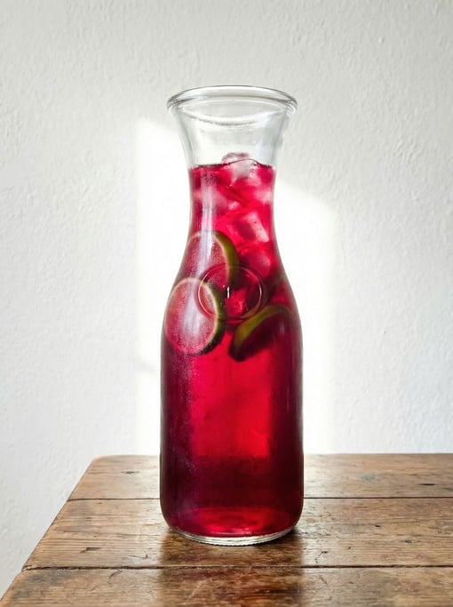 A tall carafe of cold agua fresca — jamaica hibiscus variety