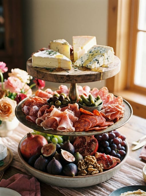 A vertical shot of a grazing tower — a tiered stand with different cheeses on top
