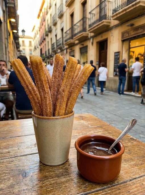 Vertical shot of churros arranged standing up in a tall cup like breadsticks