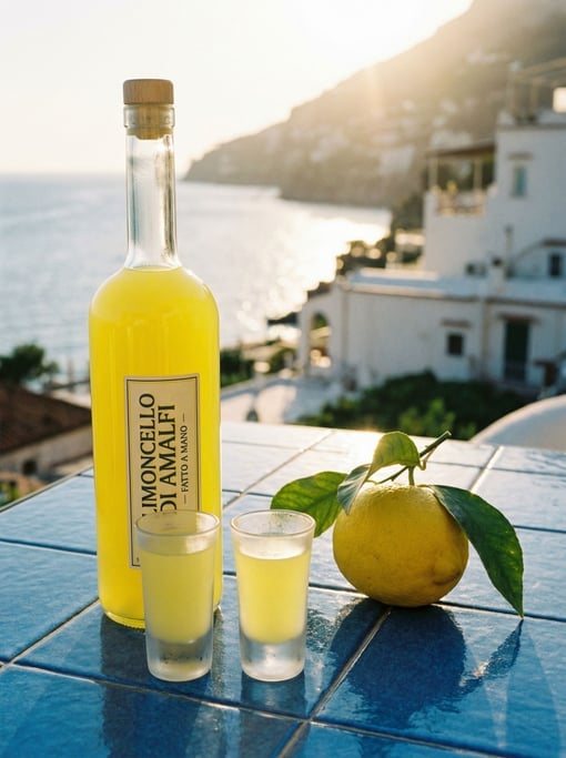 A tall bottle of limoncello with its bright yellow contents visible through clear glass