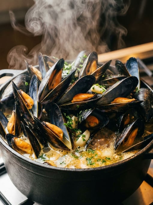 Vertical frame of fresh mussels in a tall pot