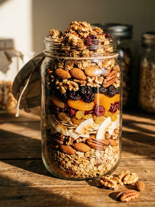 Tall vertical shot of a granola jar — layers of toasted oats, nuts, dried fruits