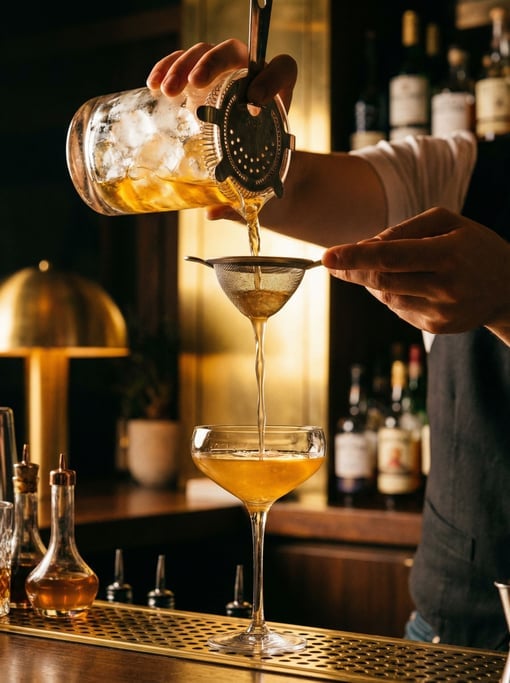 A vertical composition of a cocktail being strained through a Hawthorne strainer into a coupe glass