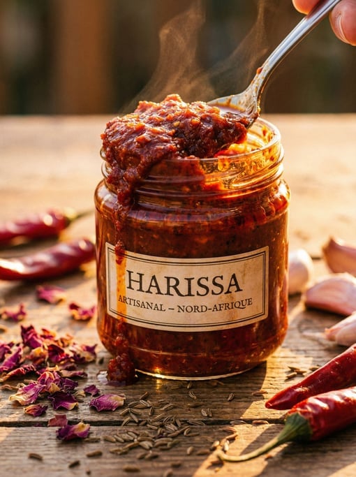 Vertical composition of a jar of harissa paste — the North African chili paste a deep brick-red visi