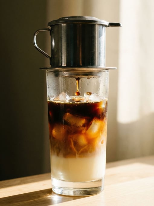 A tall glass of Vietnamese iced coffee — dark roast dripping through a phin filter on top