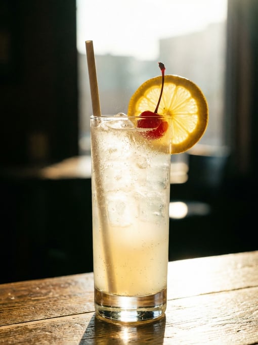 A vertical shot of a Tom Collins cocktail in a tall glass with ice
