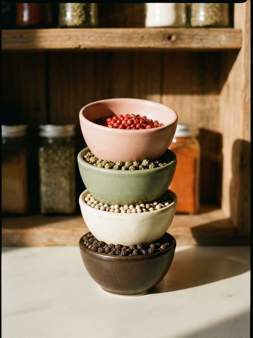 Tall portrait of whole peppercorns — black, white, green