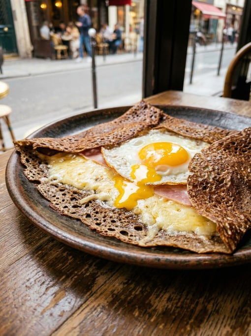 Vertical composition of a savory buckwheat crepe folded on a dark plate, filled with Gruyère, ham
