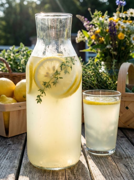 A tall glass bottle of homemade lemonade with sliced lemons and sprigs of fresh thyme floating insid