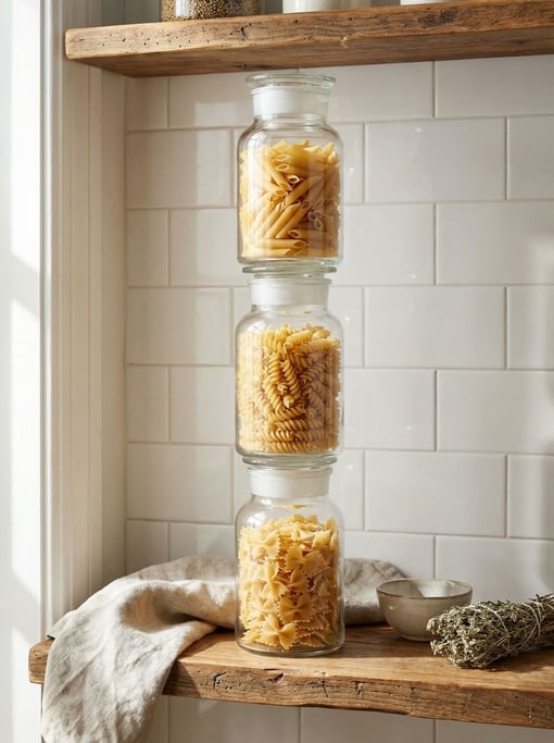 Tall vertical frame of dried pasta shapes displayed in tall glass jars on a kitchen shelf — penne