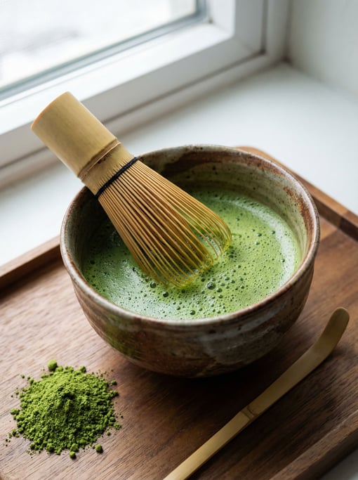 A vertical shot of a matcha preparation — a bamboo whisk resting in a chawan bowl of freshly whisked