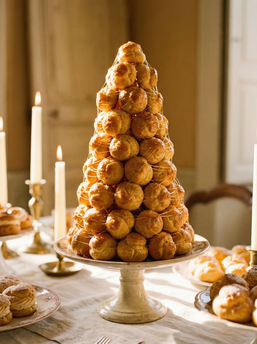 Tall composition of a croquembouche — profiteroles stacked in a cone shape bound with spun caramel t