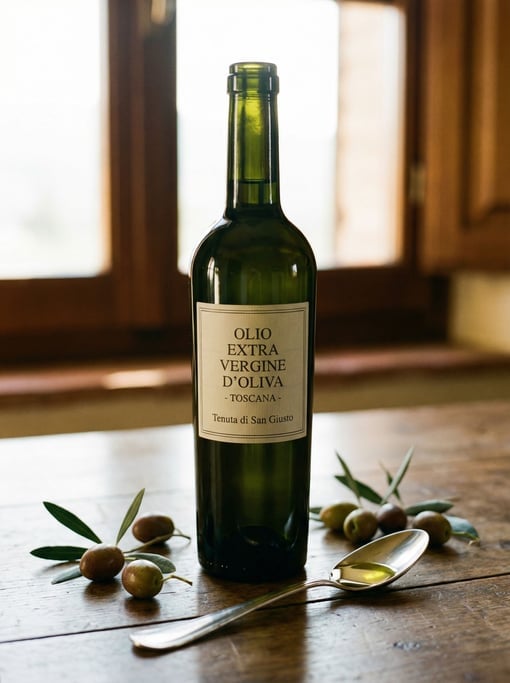 Vertical portrait of an olive oil bottle — dark green glass with a simple label