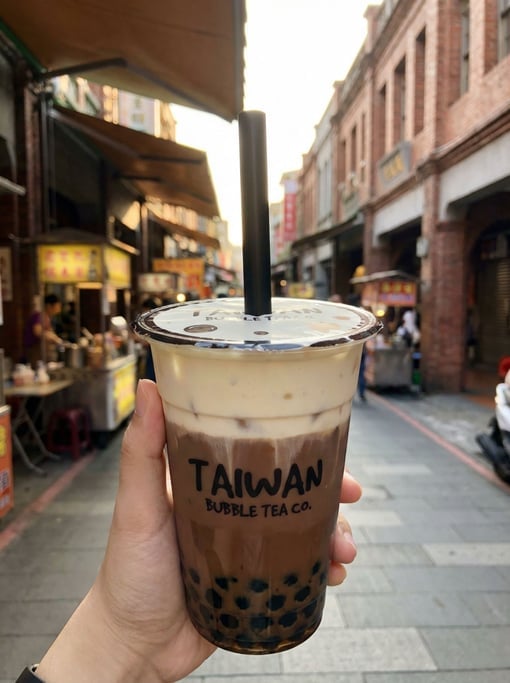 A tall shot of bubble tea in a clear cup with a sealed top
