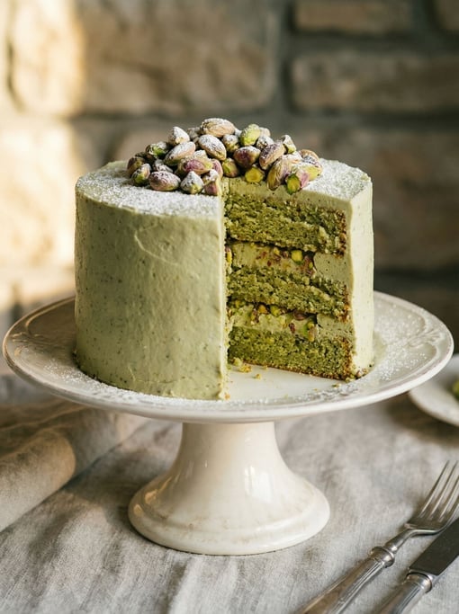 Vertical composition of a pistachio cake on a tall stand