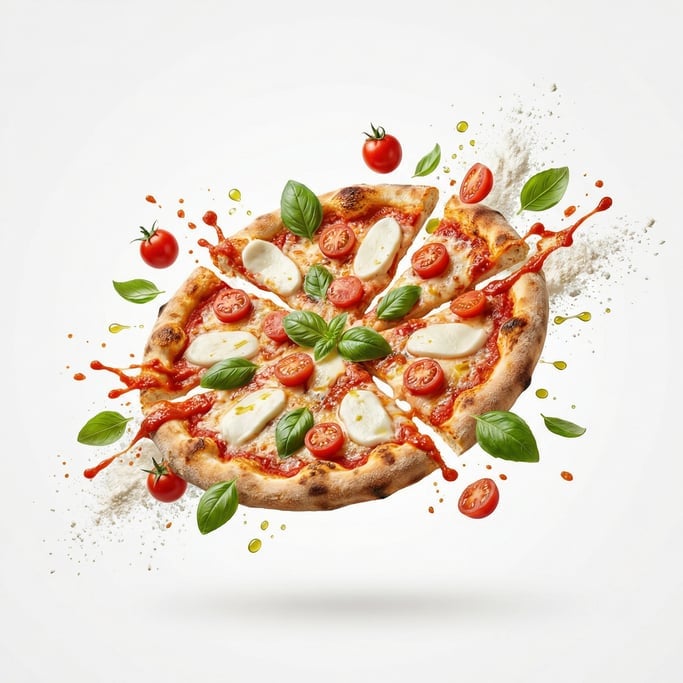 A whole margherita pizza with fresh basil leaves