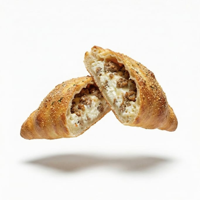 A calzone cut in half showing ricotta and sausage filling, floating in mid-air at a slight angle