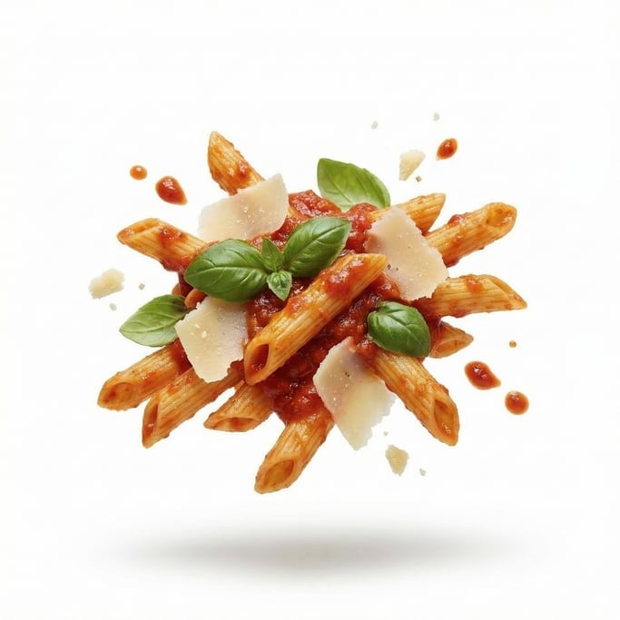 Fresh penne pasta with tomato basil sauce and parmesan shavings