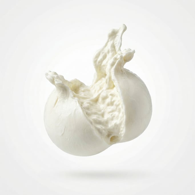 A ball of fresh burrata cheese splitting open with cream flowing out